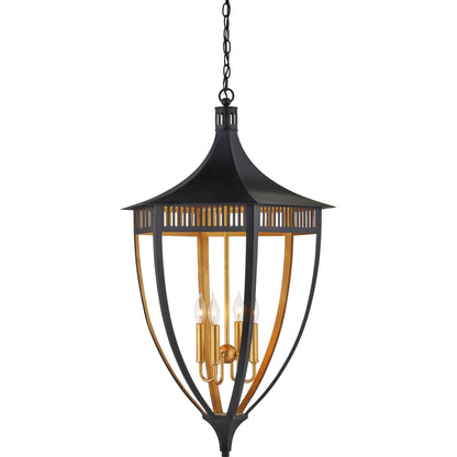 Wycombe Lantern by Currey and Company in satin black, contemporary gold leaf. Made from wrought iron in a modern style.