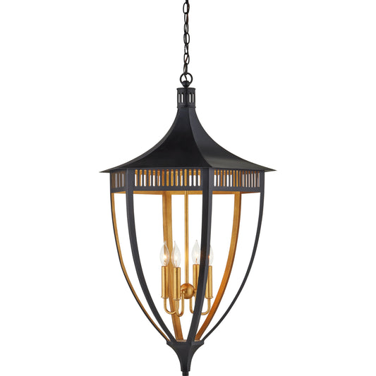 Wycombe Lantern by Currey and Company in satin black, contemporary gold leaf. Made from wrought iron in a modern style.