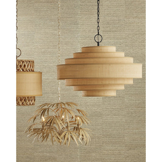 Maura Chandelier by Currey and Company in natural. Made from grass cloth, metal in a modern style.
