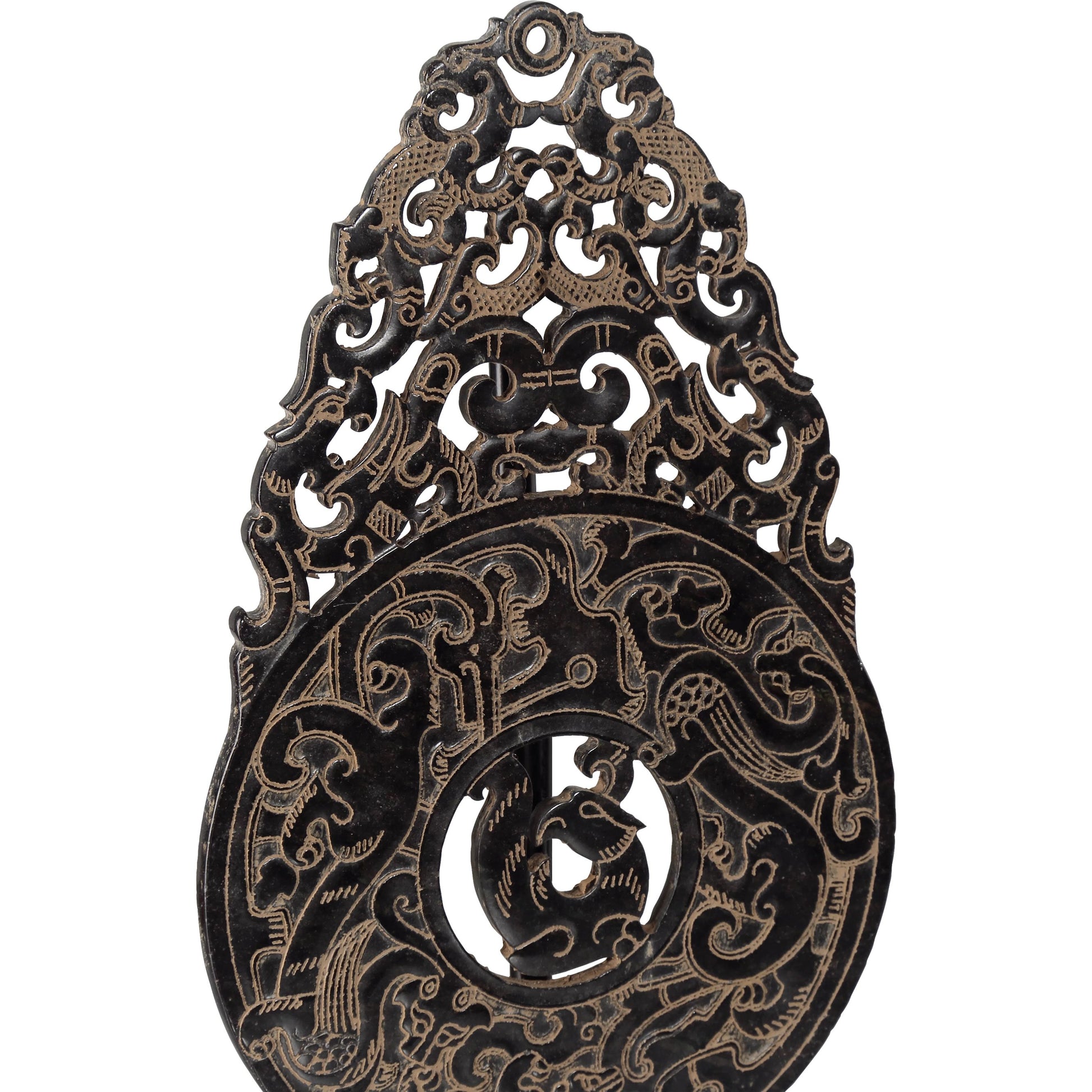 Han Dynasty Jade Symbol by Currey and Company in bronze, black. Made from stoneware, metal in a eclectic & global style.