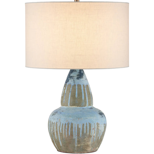 Catania Gourd Table Lamp by Currey and Company in antique blue drip. Made from terracotta in a rustic style.