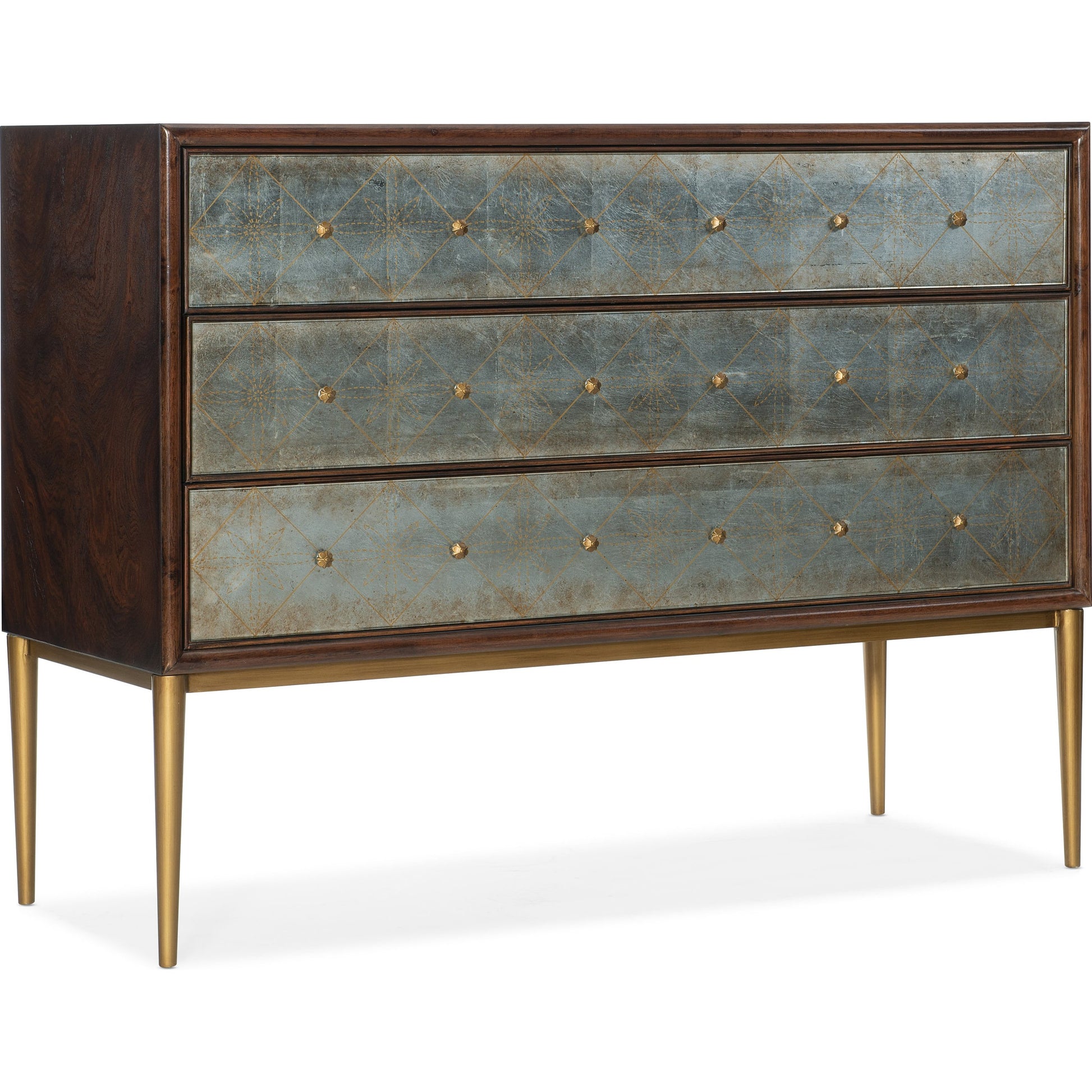 Melange Estrella Three Drawer Chest by Hooker Furniture in dark wood. Made from swirl mahogany with glass, metal in a transitional style.