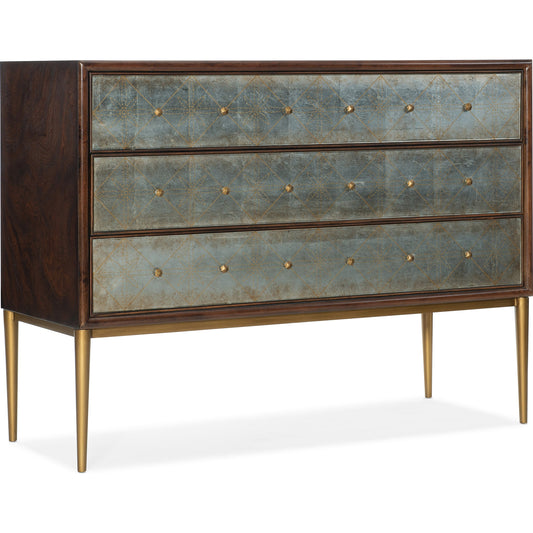 001 SI-1873146 | Additional Silo | Melange Estrella Three Drawer Chest by Hooker Furniture in dark wood. Made from swirl mahogany with glass, metal in a transitional style.