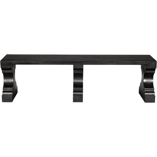 Stern Bench by Noir in burnt black. Made from munggur in a unique style.