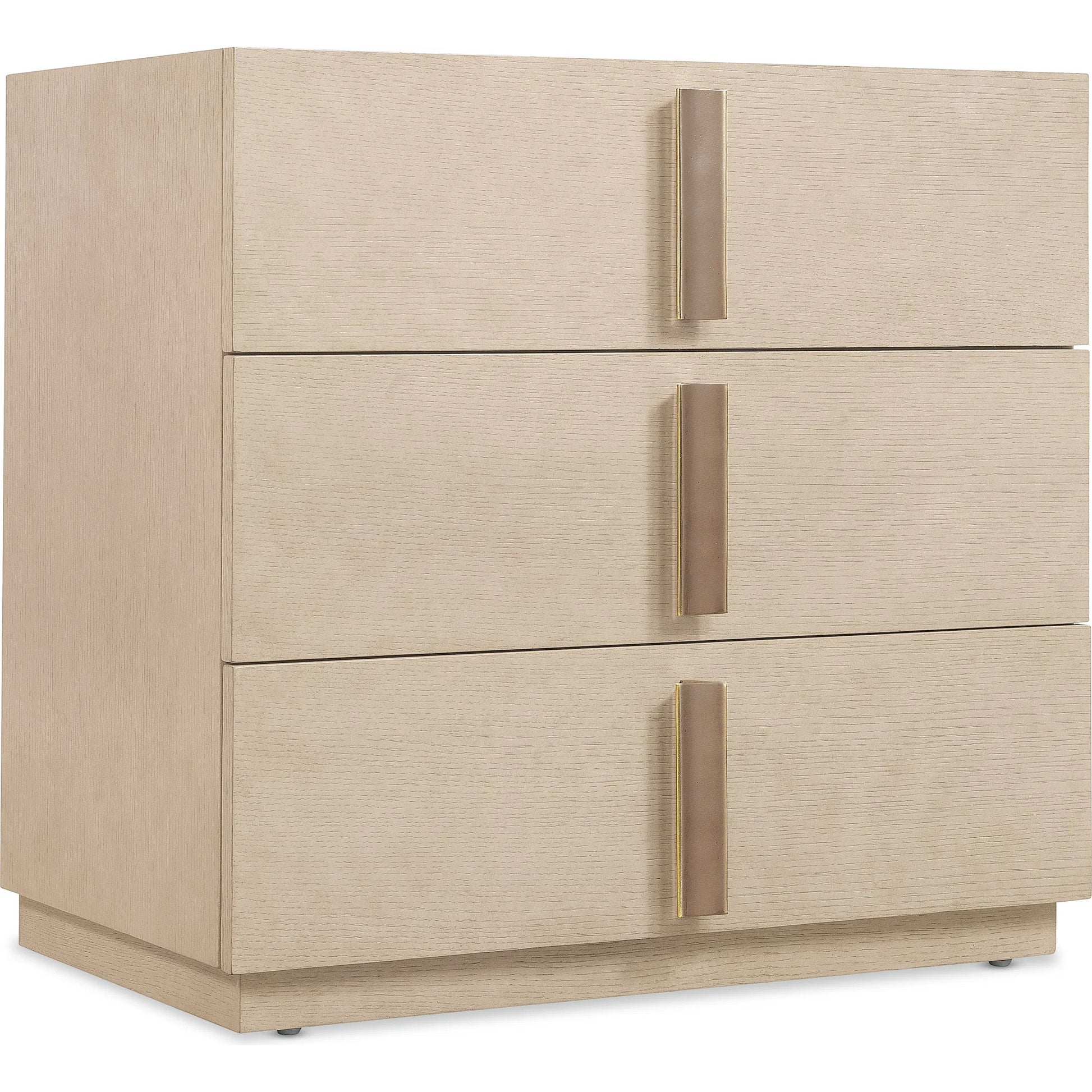 Westwood Three-Drawer Nightstand by Hooker Furniture in light wood and polished limestone. Made from oak veneers in a transitional style.
