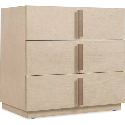 Westwood Three-Drawer Nightstand by Hooker Furniture in light wood and polished limestone. Made from oak veneers in a transitional style.