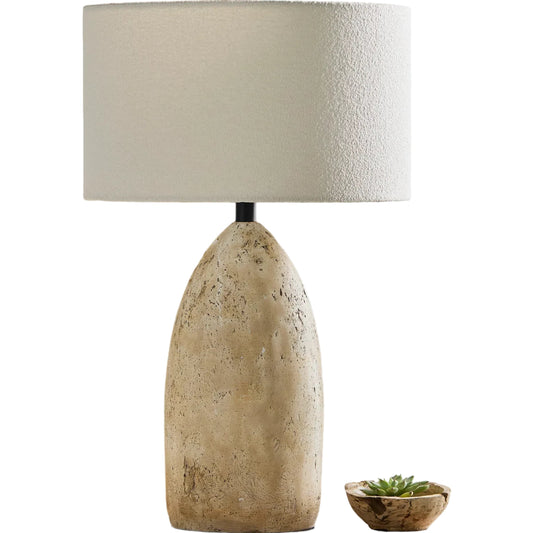 Egito Accent Table Lamp by Surya in body: brown; shade: white; cord: black and horn finish. Made from concrete, cotton, polyester in a unique style.