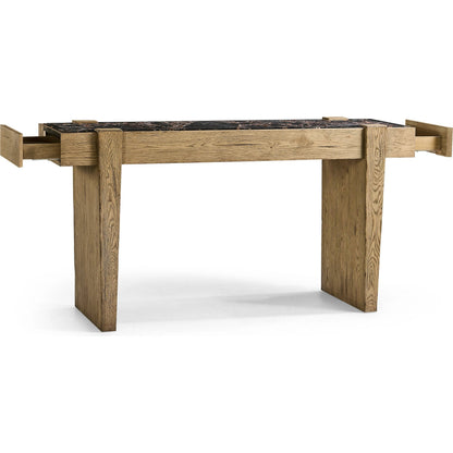 Echo Canyon Marble Console by Jonathan Charles in faded oak. Made from oak veneer in a cottage & farmhouse style.