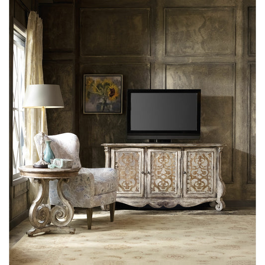 Chatelet Entertainment Console by Hooker Furniture in caramel froth, paris vintage. Made from pecan veneers, resin in a unique style.