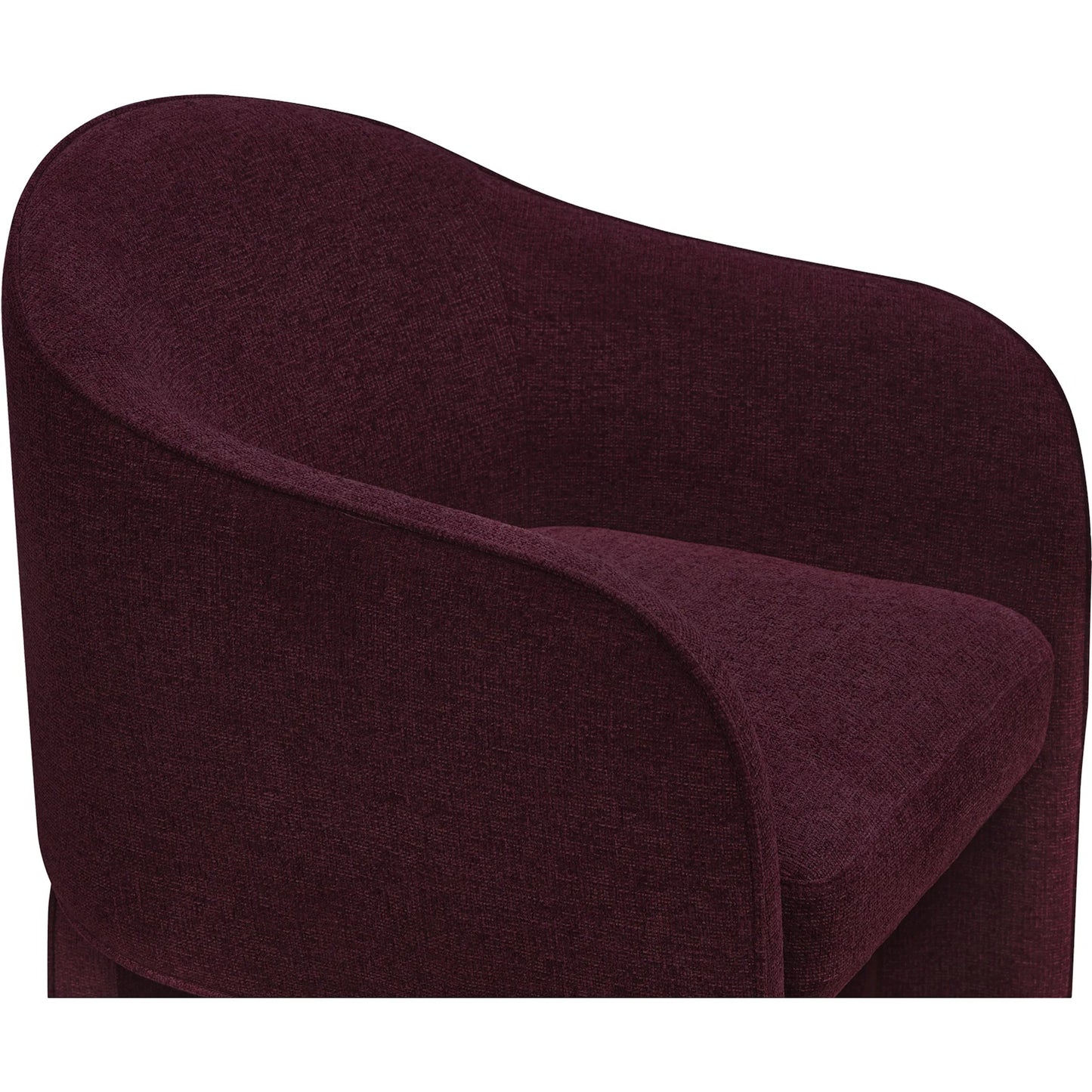 016 SI-2253647 | Closeup | Clara Dining Chair Performance Fabric by Moe's Home Collection in plum. Made from 100% polystery, iron frame, feather fill at top of seat cushion, plywood seat frame in a eclectic & global style.