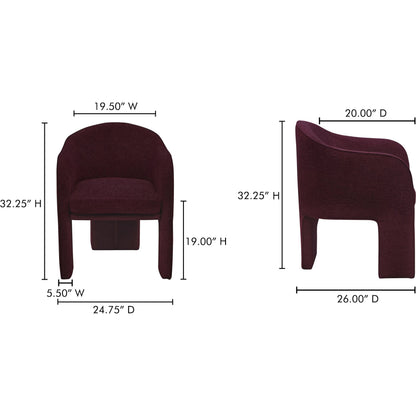Clara Dining Chair Performance Fabric by Moe's Home Collection in plum. Made from 100% polystery, iron frame, feather fill at top of seat cushion, plywood seat frame in a eclectic & global style.