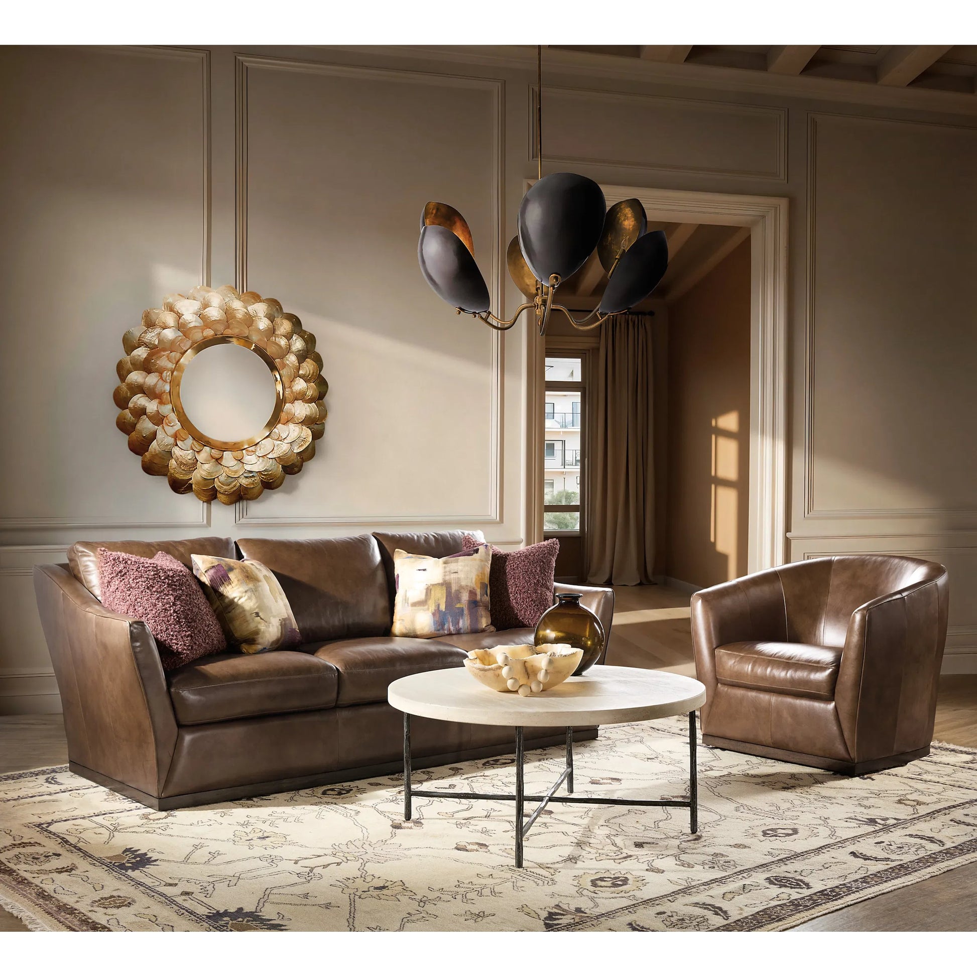 Fairfax Stationary Sofa by Hooker Furniture in dark wood. Made from leather in a traditional style.