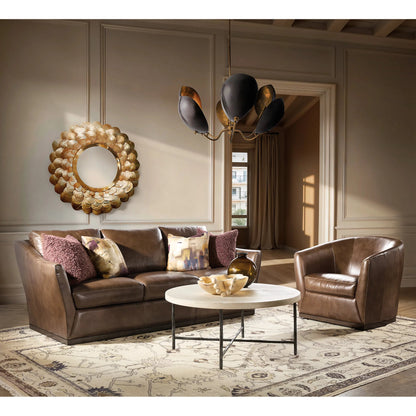 Fairfax Stationary Sofa by Hooker Furniture in dark wood. Made from leather in a traditional style.