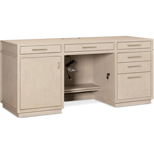 Marlowe Credenza by Hooker Furniture in light wood and polished limestone, quartered oak veneers. Made from white oak solids, white oak veneers in a unique style.