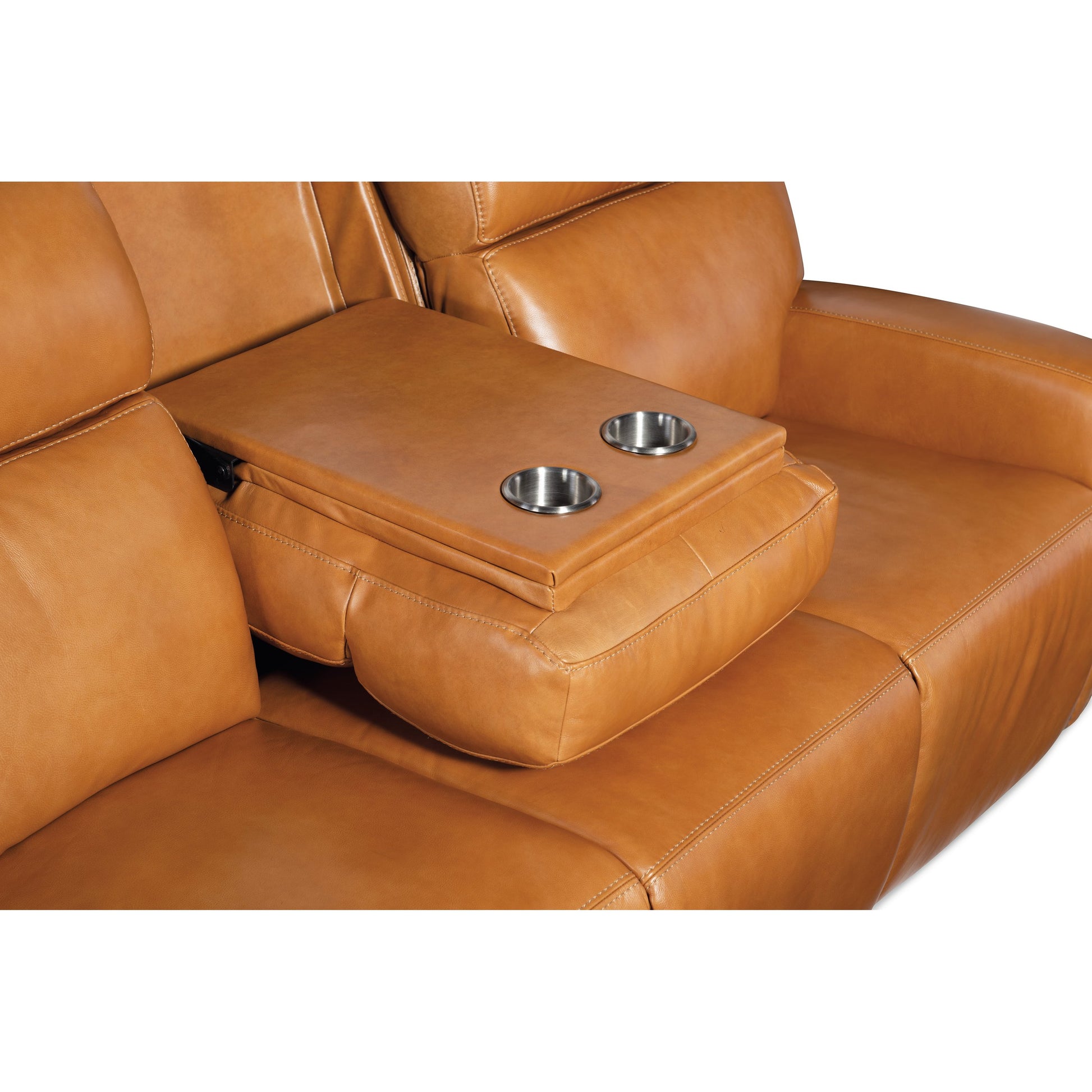 Ruthe Zerog Power Sofa by Hooker Furniture in salvo denim. Made from leather in a traditional style.