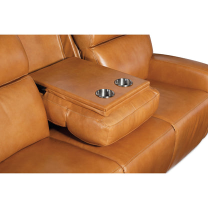 Ruthe Zerog Power Sofa by Hooker Furniture in salvo denim. Made from leather in a traditional style.