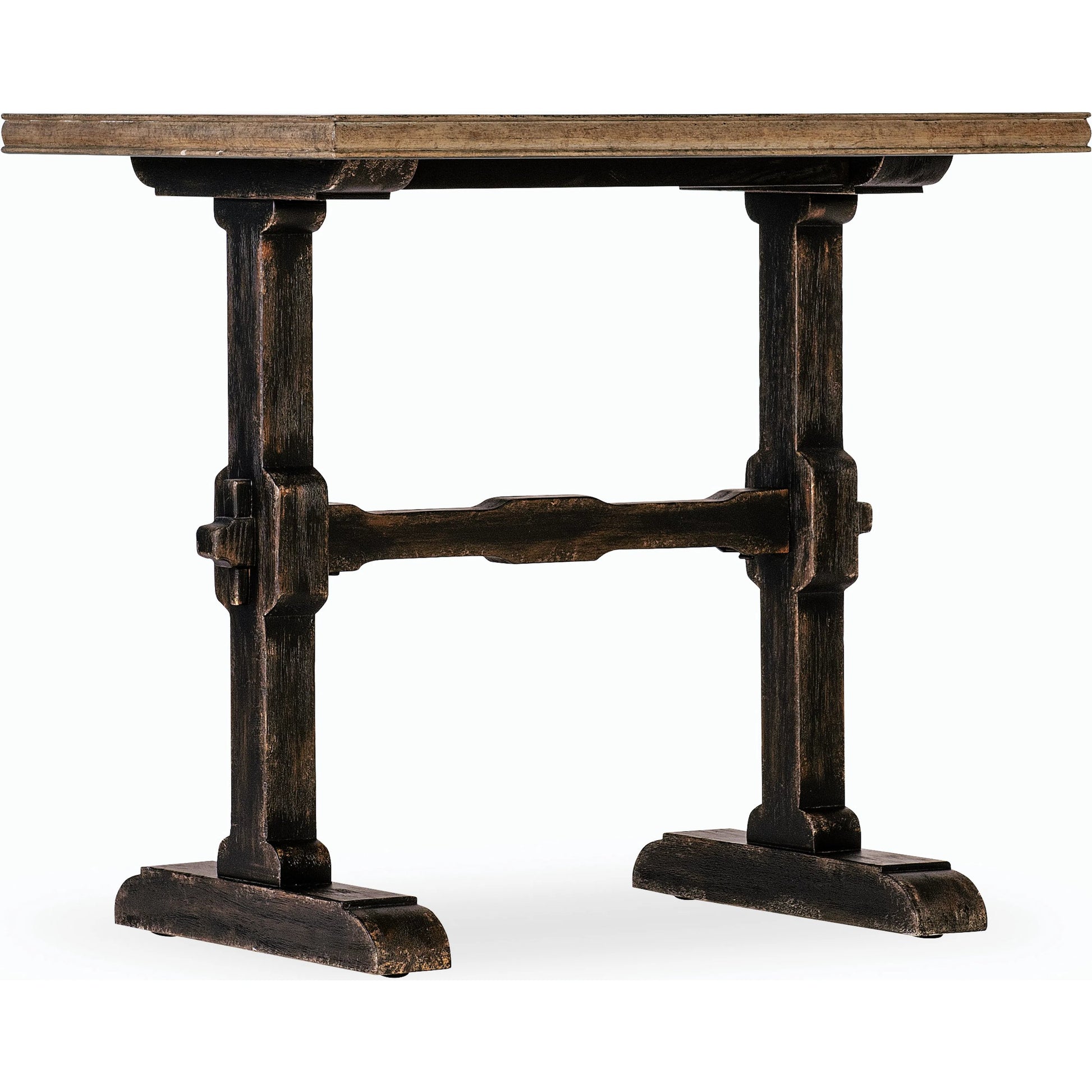 Americana Trestle End Table by Hooker Furniture in black and molasses finish. Made from oak veneers with solid-wood edge top in a modern style.