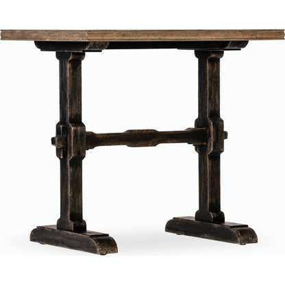 Americana Trestle End Table by Hooker Furniture in black and molasses finish. Made from oak veneers with solid-wood edge top in a modern style.