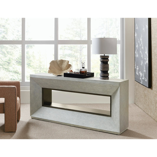 Commerce & Market Passage Console by Hooker Furniture in dark wood and dark wood finish. Made from hand forged metal and oak veneers in a modern style.