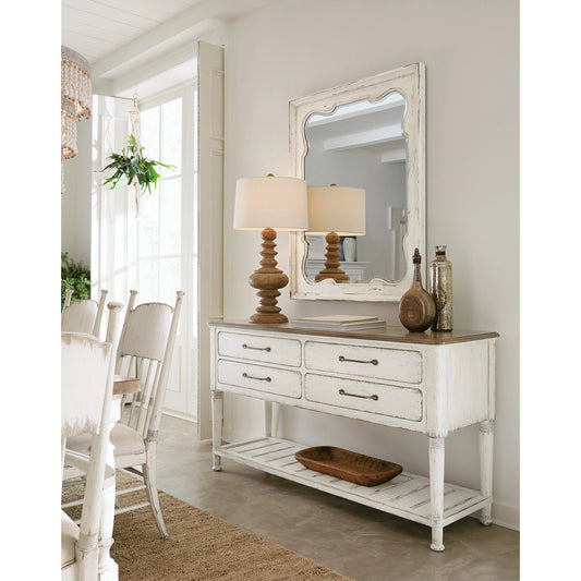 Americana Server by Hooker Furniture in cream and worn white finish. Made from oak veneers with solid-wood edge top in a cottage & farmhouse style.