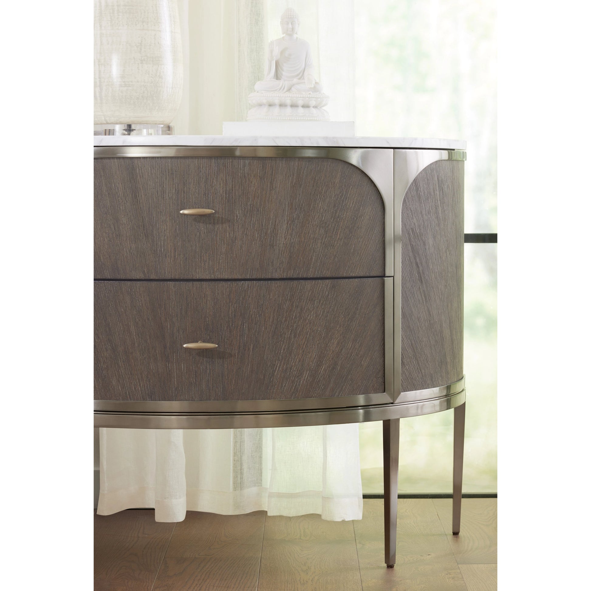 Modern Mood Two Drawer Nightstand by Hooker Furniture. Made from oak veneers, metal, marble in a modern style.