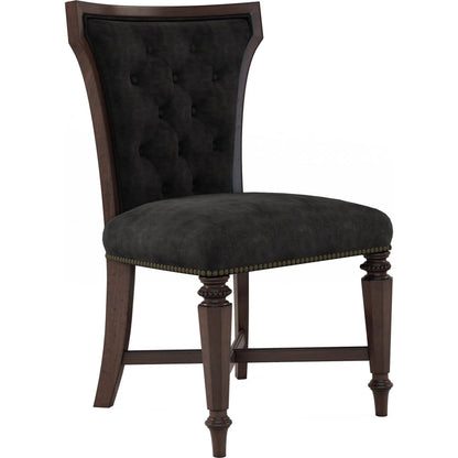 Revival Upholstered Side Chair (Set of 2) by A.R.T. Furniture in black, brown and napa mahogany. Made from rubberwood solids, quarter mahogany veneer, foam, fabric, metal in a traditional style.