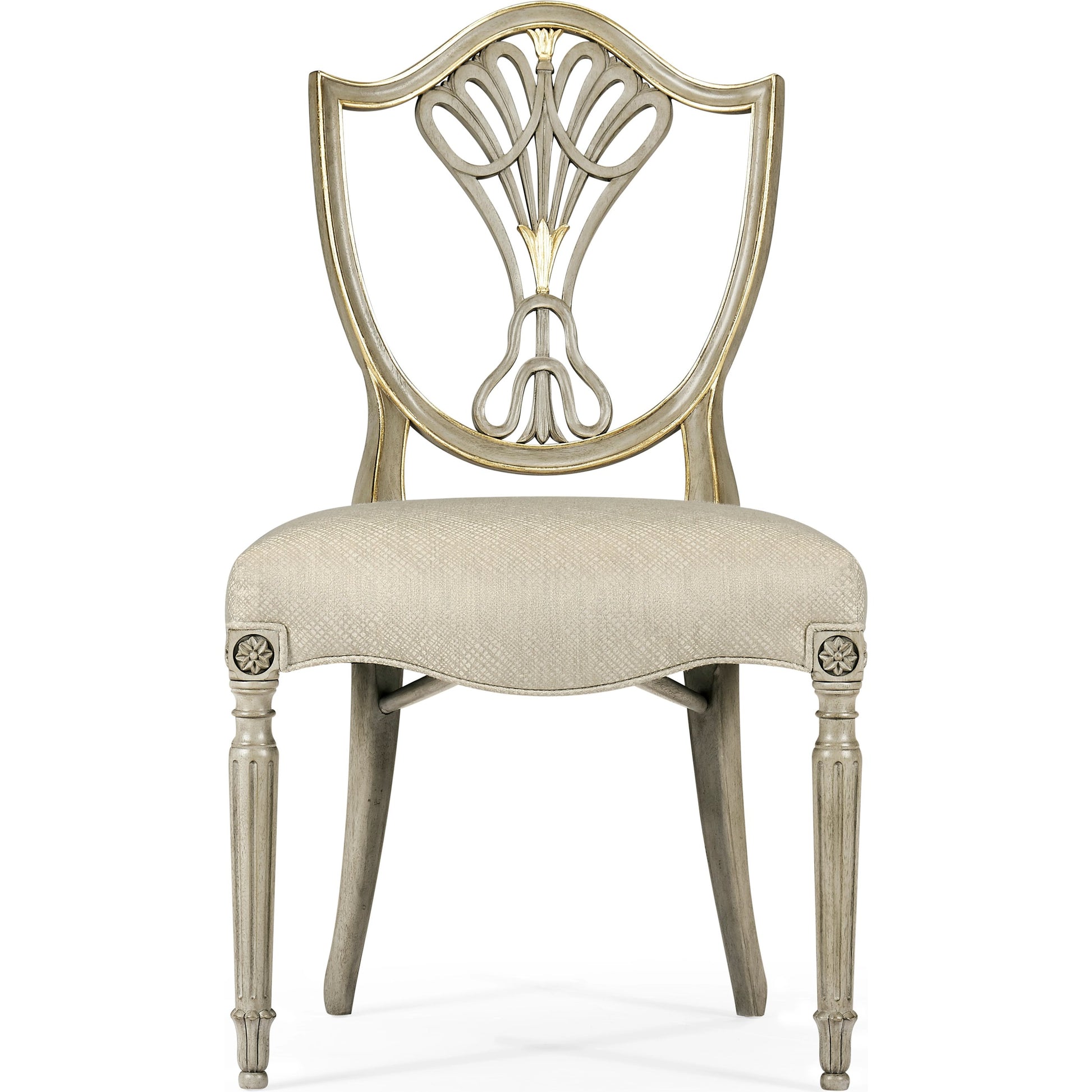 Buckingham Sheraton Grey & Gilded Dining Side Chair by Jonathan Charles in brown and buckingham gray. Made from acacia in a traditional style.
