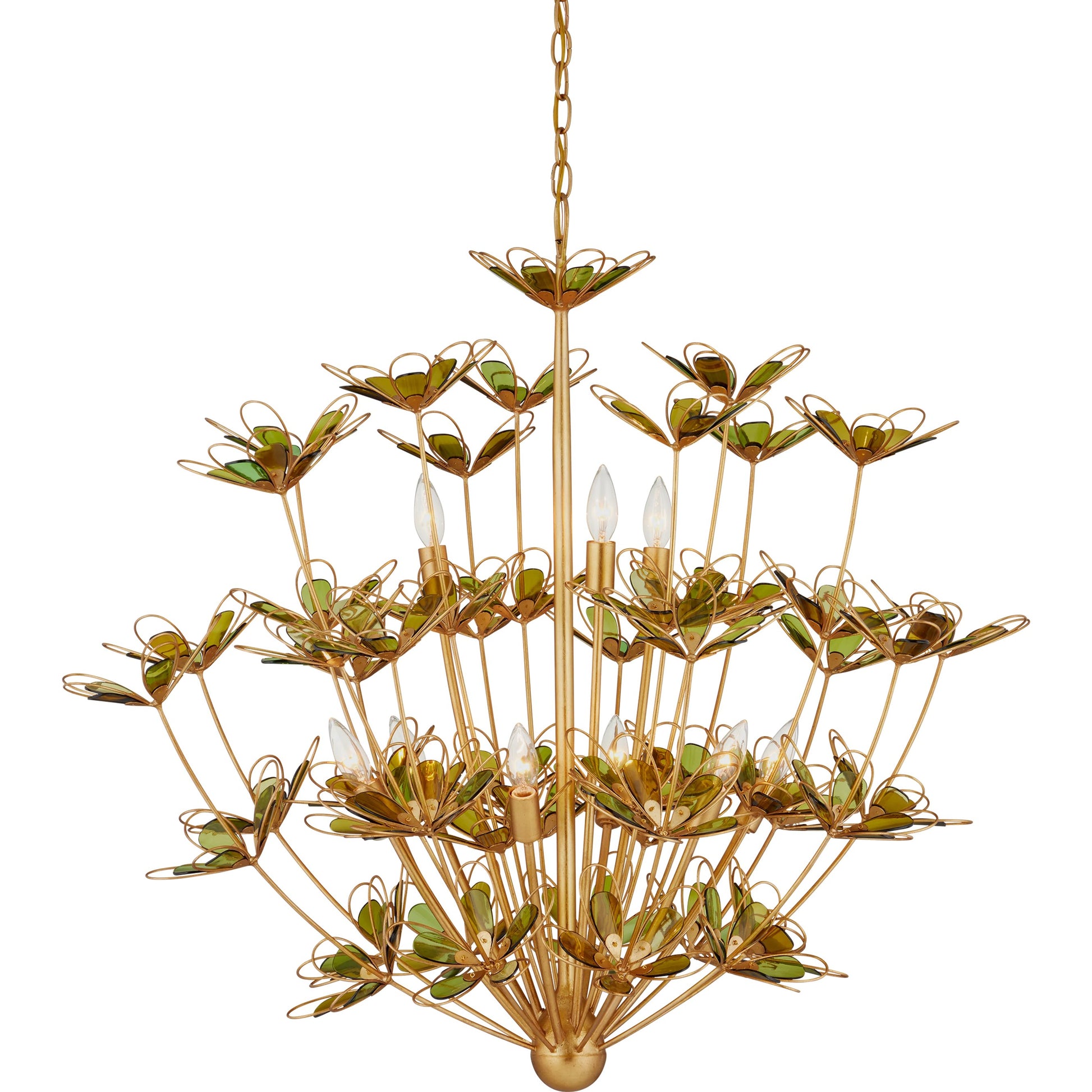 Midsummer Chandelier by Currey and Company in contemporary gold leaf, contemporary gold, green. Made from wrought iron, recycled bottle glass in a modern style.