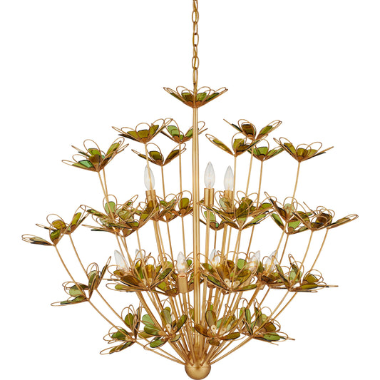 Midsummer Chandelier by Currey and Company in contemporary gold leaf, contemporary gold, green. Made from wrought iron, recycled bottle glass in a modern style.