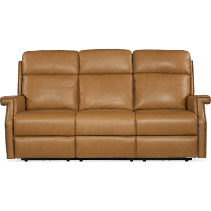 Vaughn Zero Gravity Sofa by Hooker Furniture in shattered stone. Made from leather in a traditional style.