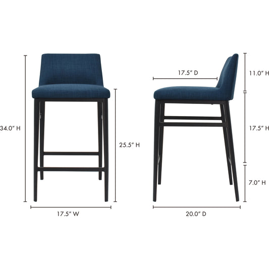 Baron Counter Stool by Moe's Home Collection in blue. Made from upholstery: 100% polyester, steel legs, foam, plywood in a modern style.