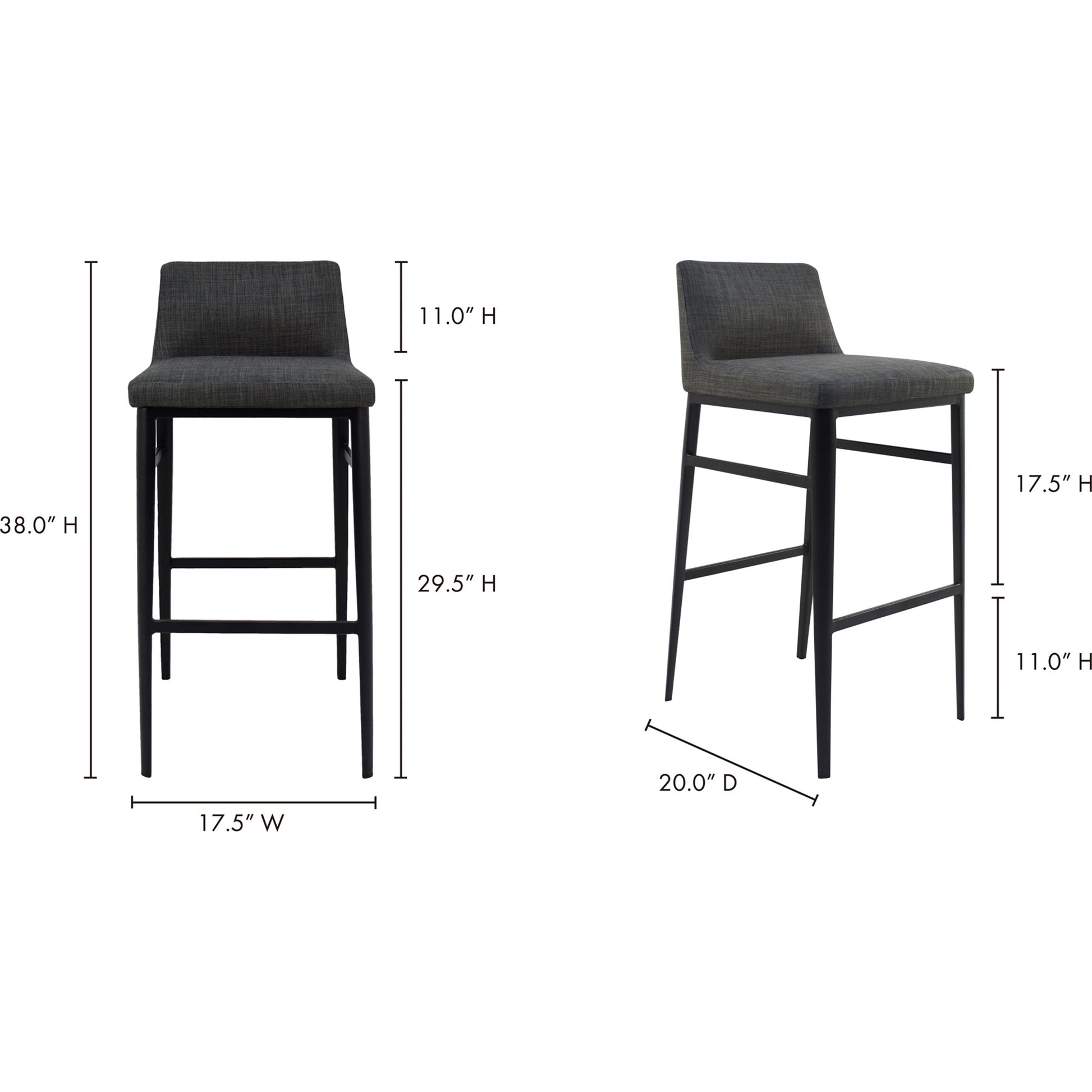 Baron Barstool Charcoal by Moe's Home Collection in charcoal gray and powder coated. Made from upholstery: 100% polyester, upholstery foam, steel legs, plywood in a modern style.