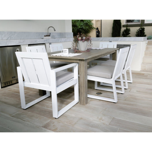 Newport Outdoor Dining Chair by Sunset West in frost. Made from aluminum in a modern style.