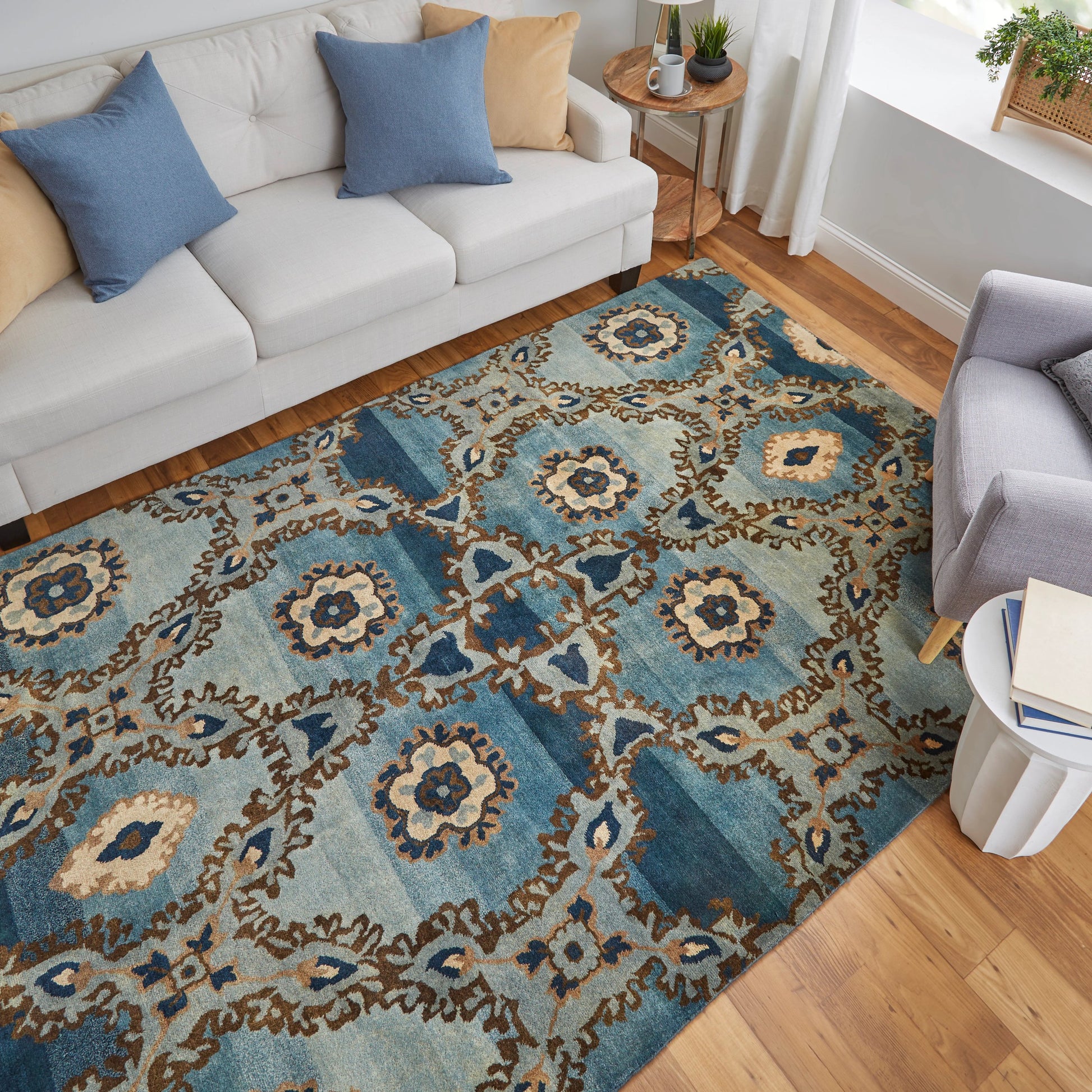 Amzad Transitional Ikat Rug - 6116F by Feizy in blue, gray, tan. Made from wool in a unique style.