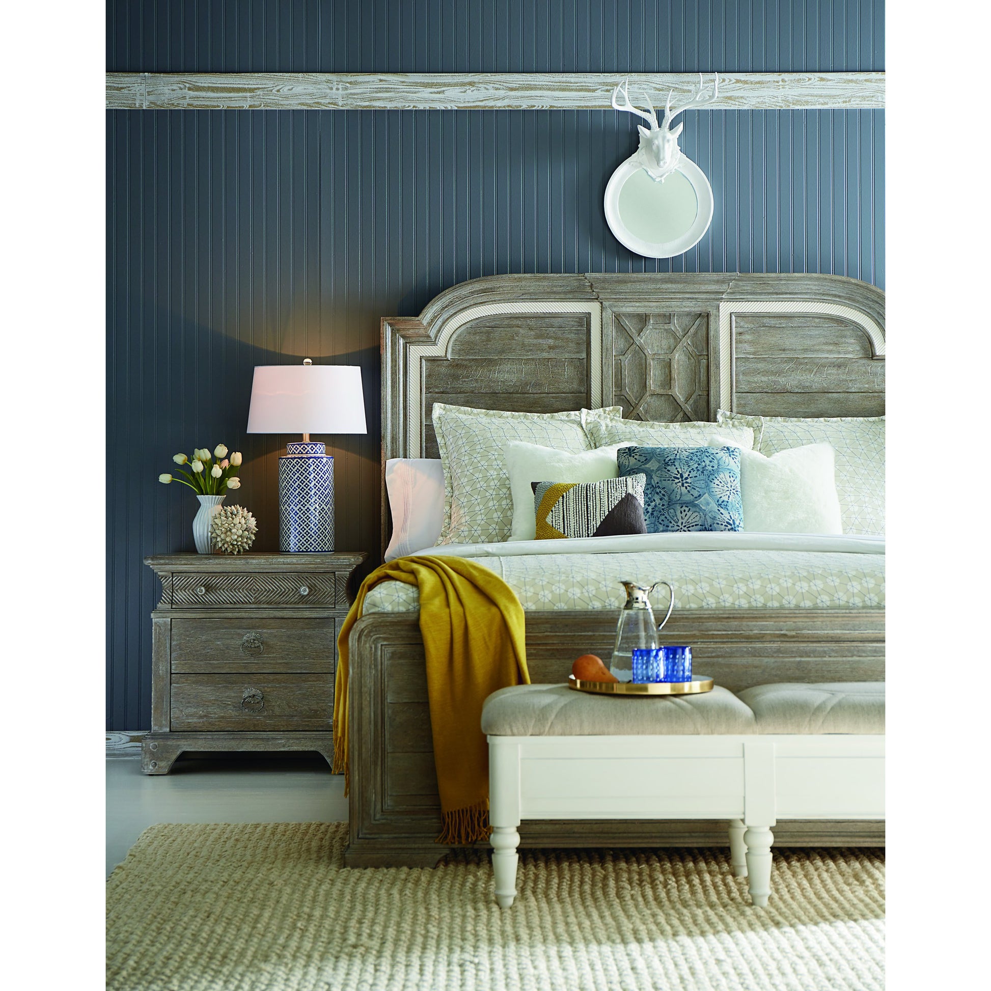 Summer Creek Light Keeper's Bedside Chest by A.R.T. Furniture in gray and scrubbed oak. Made from flakey cathedral oak veneer, parawood solids in a traditional style.