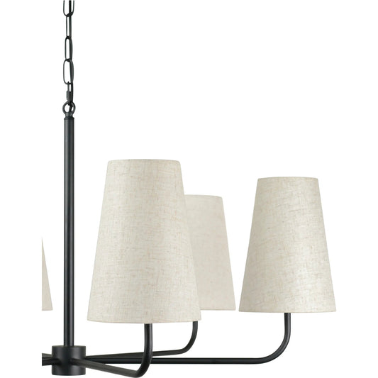 Mathis Chandelier by Moe's Home Collection in black. Made from steel body, linen shade, black fabric cord in a traditional style.