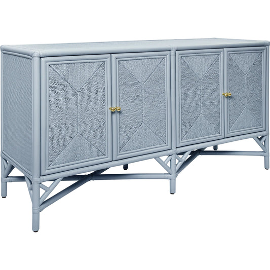 Eleanor Rattan Four Door Cabinet by Worlds Away in light blue. Made from solid wood, mdf in a rustic style.