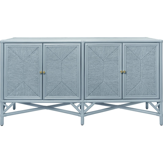 Eleanor Rattan Four Door Cabinet by Worlds Away in light blue. Made from solid wood, mdf in a unique style.