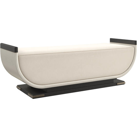 Crete End of Bed Bench by Caracole in ivory, gold and charred bark, brushed gold paint, ivory craze. Made from poplar, dyed makore in a unique style.