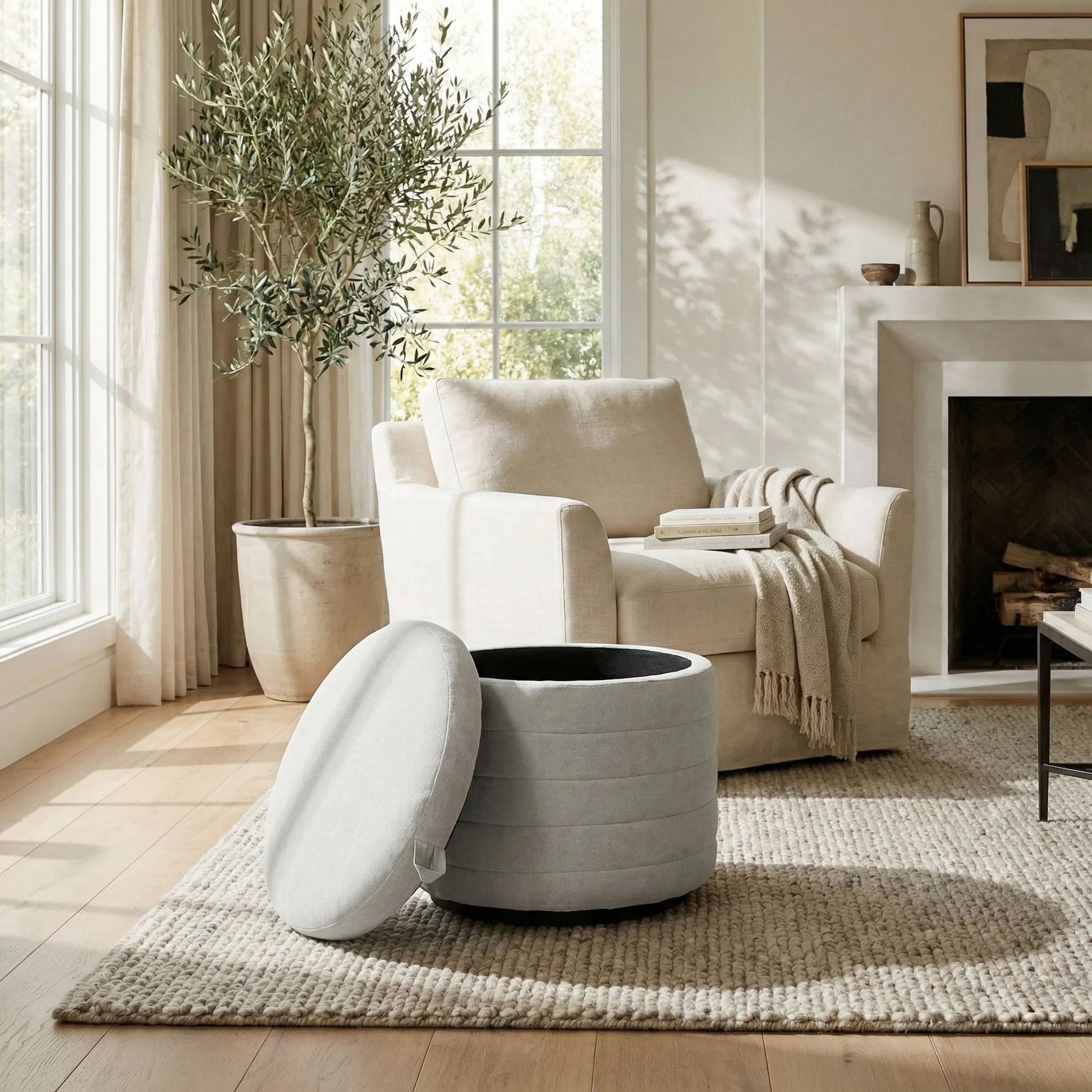 Elio Storage Ottoman by LH Imports in platinum and matte black. Made from metal, foam, 100% polyester fabric in a transitional style.