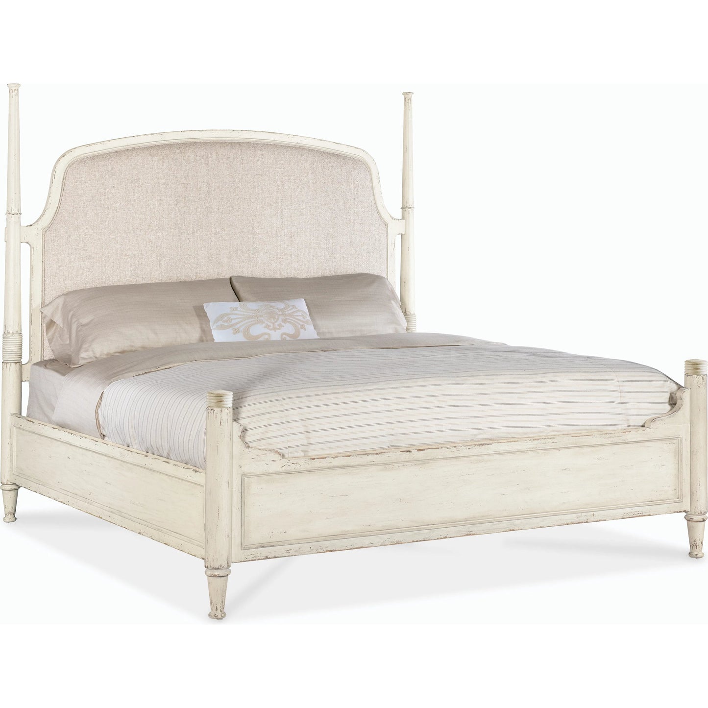 003 SI-2185819 | Additional Silo | Americana California King Upholstered Poster Bed by Hooker Furniture in beige and worn white. Made from oak veneers and fabric in a traditional style.
