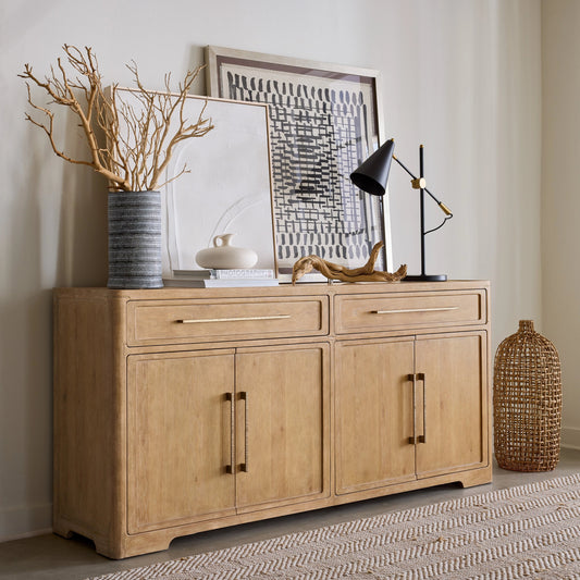 Retreat Buffet by Hooker Furniture in dune. Made from oak, maple veneers with travertine stone veneers in a cottage & farmhouse style.