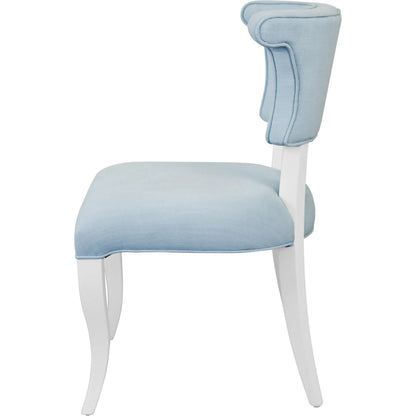 Eloise Round Back Dining Chair by Worlds Away. Made from light blue linen in a unique style.