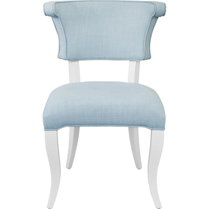 Eloise Round Back Dining Chair by Worlds Away. Made from light blue linen in a unique style.