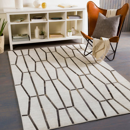 Eloquent ELQ-2302 Rug by Surya in light gray, medium gray, black, gray, charcoal. Made from 80% viscose, 20% leather in a unique style.