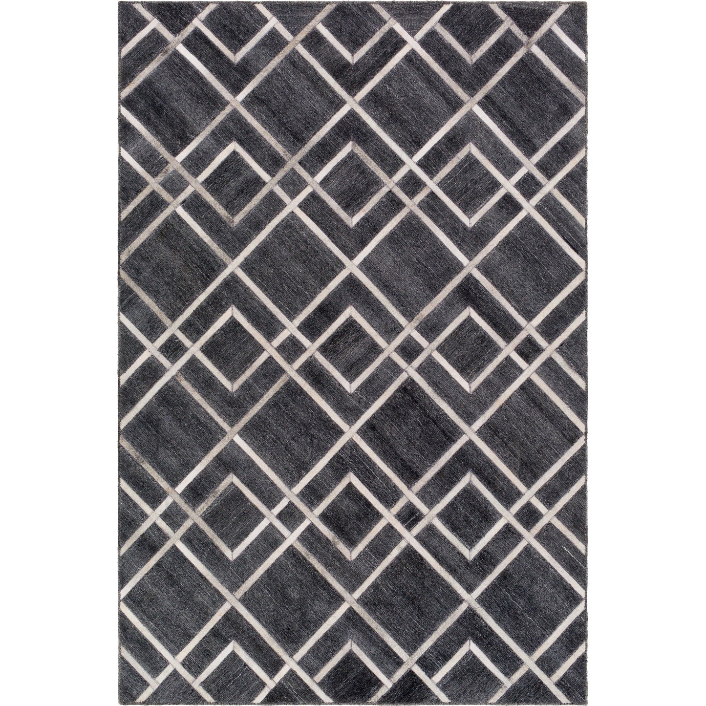 000 SI-1881328,SI-1881329,SI-1881330,SI-1881331,SI-1881332 | Primary Silo | Eloquent ELQ-2305 Rug by Surya in black, gray, light gray. Made from 80% viscose, 20% leather in a unique style.