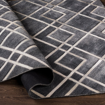 Eloquent ELQ-2305 Rug by Surya in black, gray, light gray. Made from 80% viscose, 20% leather in a unique style.