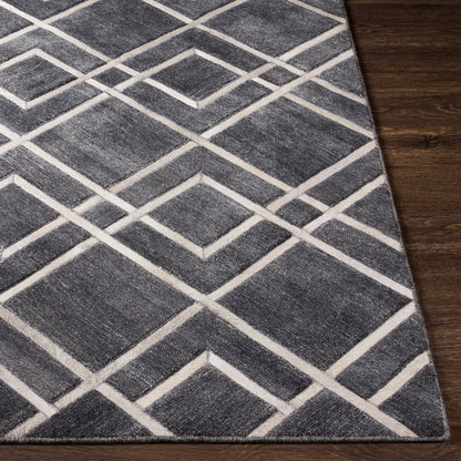 Eloquent ELQ-2305 Rug by Surya in black, gray, light gray. Made from 80% viscose, 20% leather in a unique style.