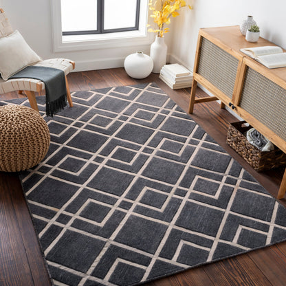 Eloquent ELQ-2305 Rug by Surya in black, gray, light gray. Made from 80% viscose, 20% leather in a unique style.