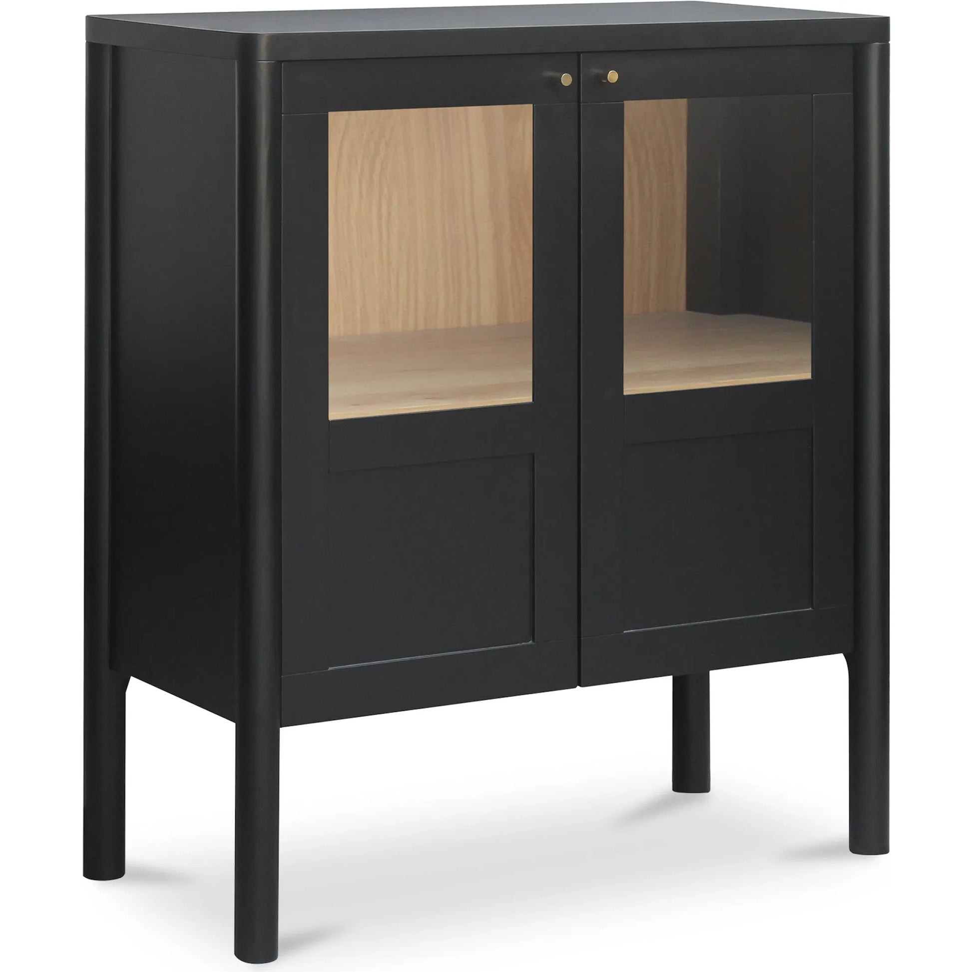 Hannah Cabinet by Moe's Home Collection. Made from solid pine leg, oak veneer over mdf shelf, back panel, mdf door front, top, side panel, tempered glass, metal in a modern style.